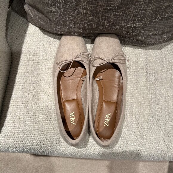 Zara Oatmeal Beige & Grey Felt Ballet Flats | Square Toe | Size 37 / US 6.5 - Picture 3 of 11
